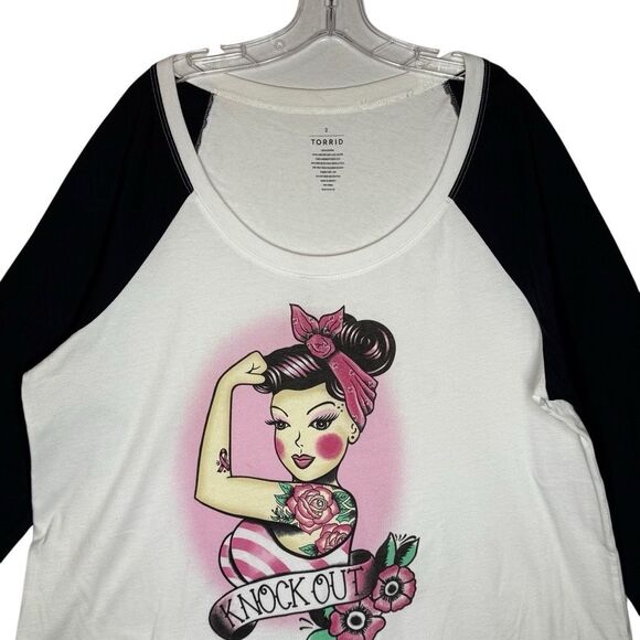 TORRID White Breast Cancer Awareness Classic Tee Plus Size 2 Raglan 3/4 Sleeve - Picture 2 of 8